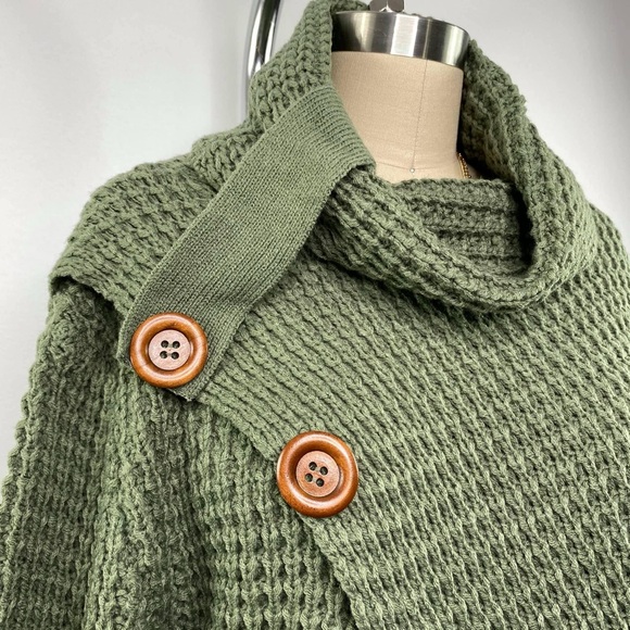 Zenana Sweater Waffle Knit Asymmetrical Hem Cowl Neck Comfy & Cozy Top Olive - Picture 3 of 6